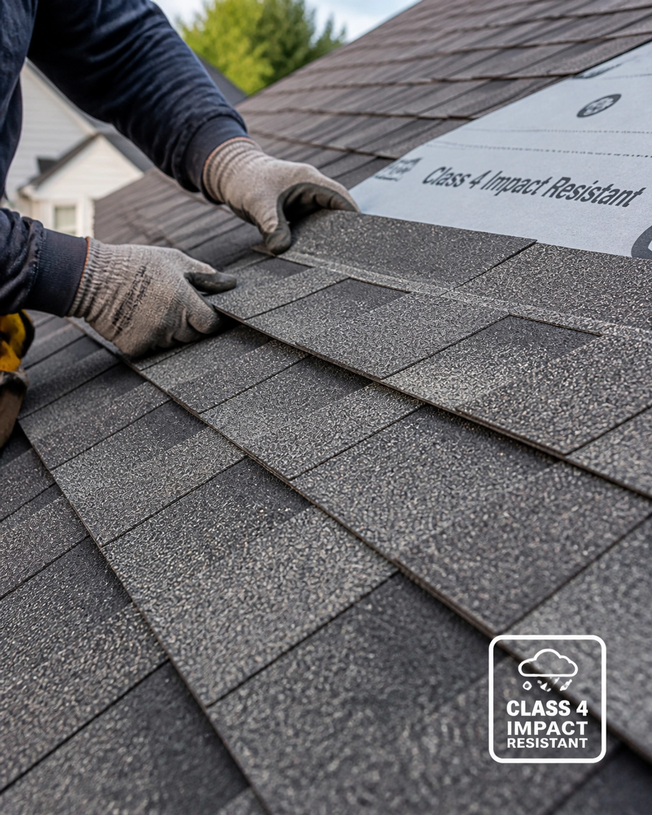 Close-up of impact-resistant shingles being installed